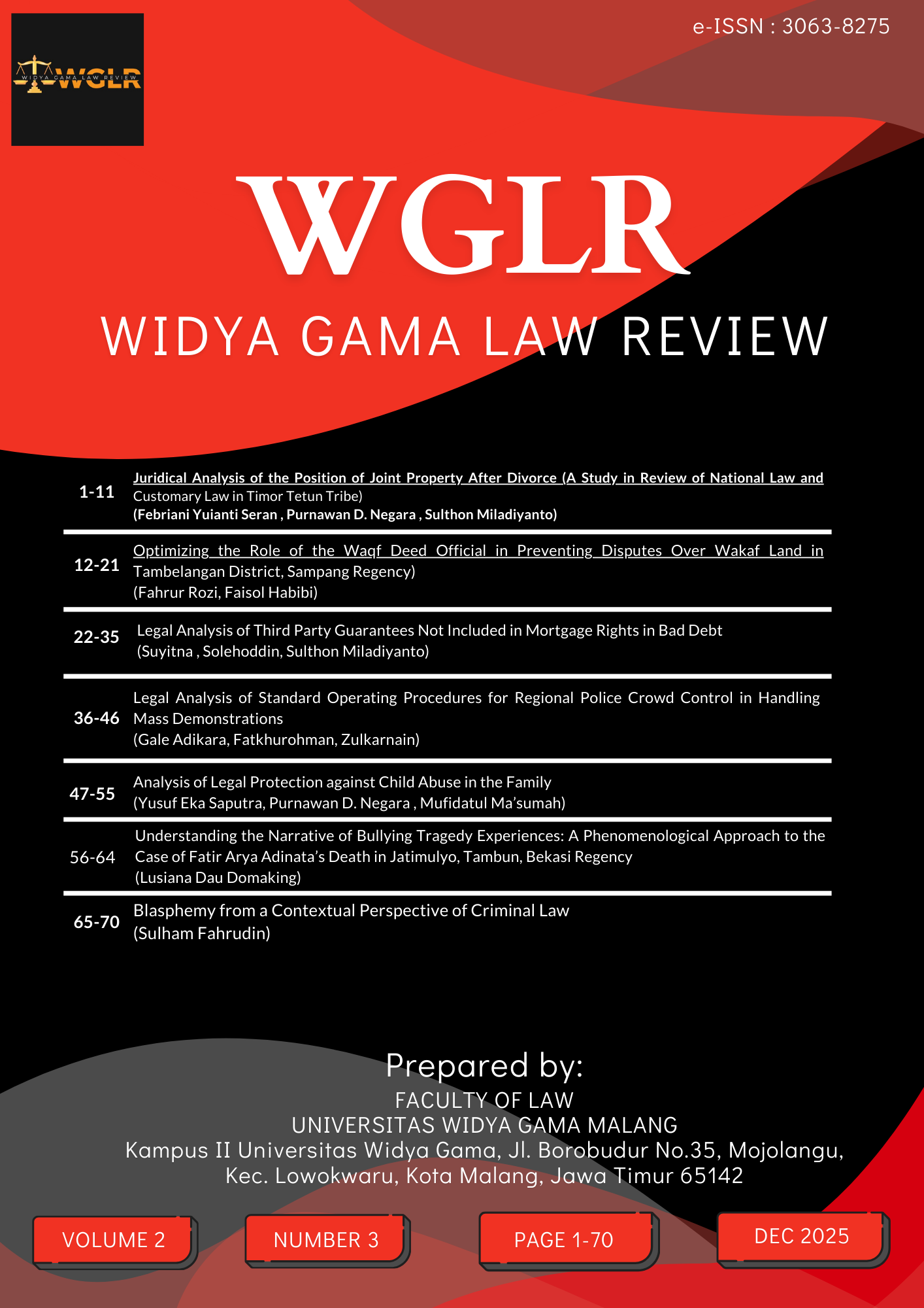 					View Vol. 2 No. 3 (2025): December - Widya Gama Law Review
				