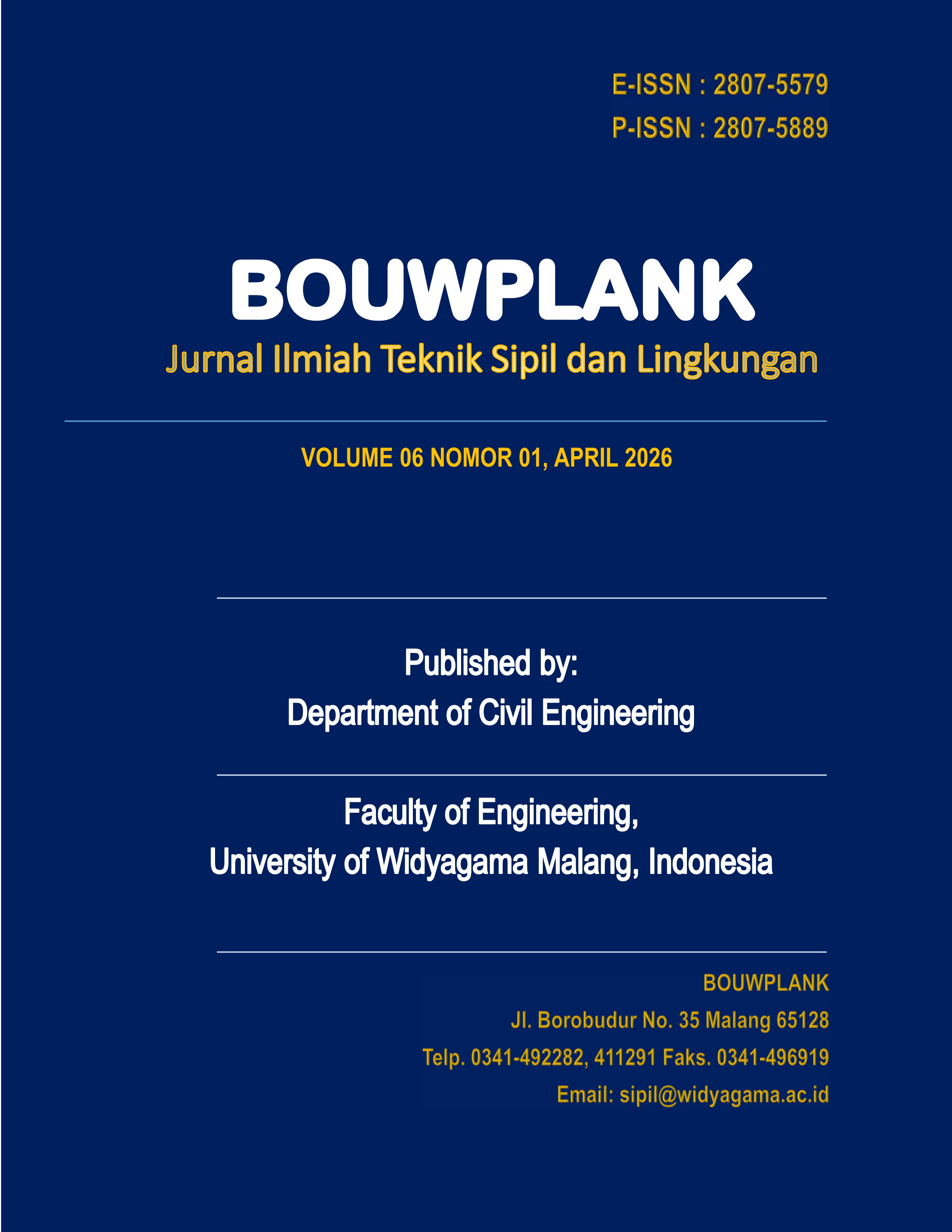 					View Vol. 6 No. 1 (2026): BOUWPLANK Jurnal Ilmiah Teknik Sipil dan Lingkungan
				